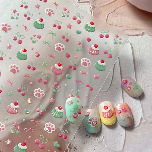 Cake Nail Art Stickers Cute Nail Sticker with Charms Jerry Design Cherry Bow Nail Decals 5D Embossed Self Adhesive Nails Art Decals for Women Girls Manicure Decorate