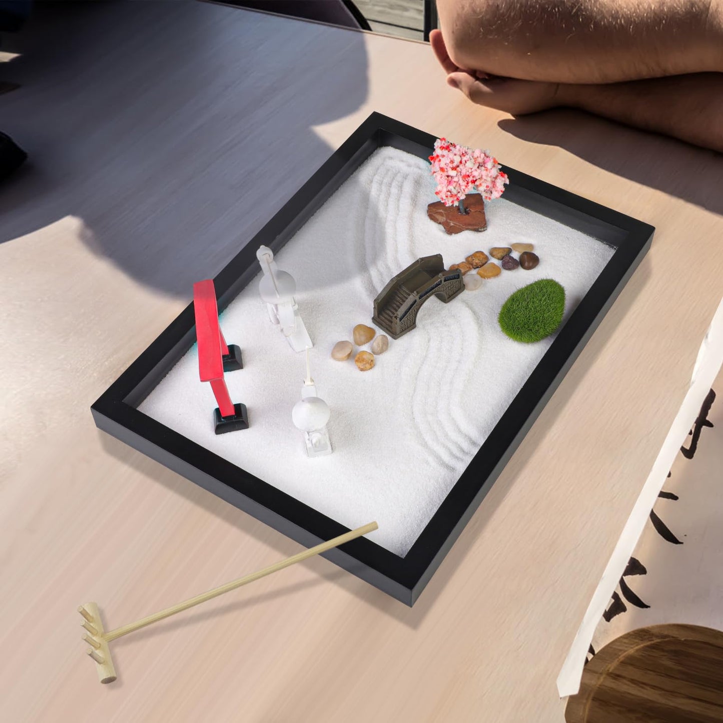 Japanese Zen Garden for Desk - Sakura Tree Samurai 12" x 8" Desktop Mini Zen Garden with White Sand Artificial Bonsai Tree Rocks Rakes & Accessories - Meditation Zen Gifts Office Decor