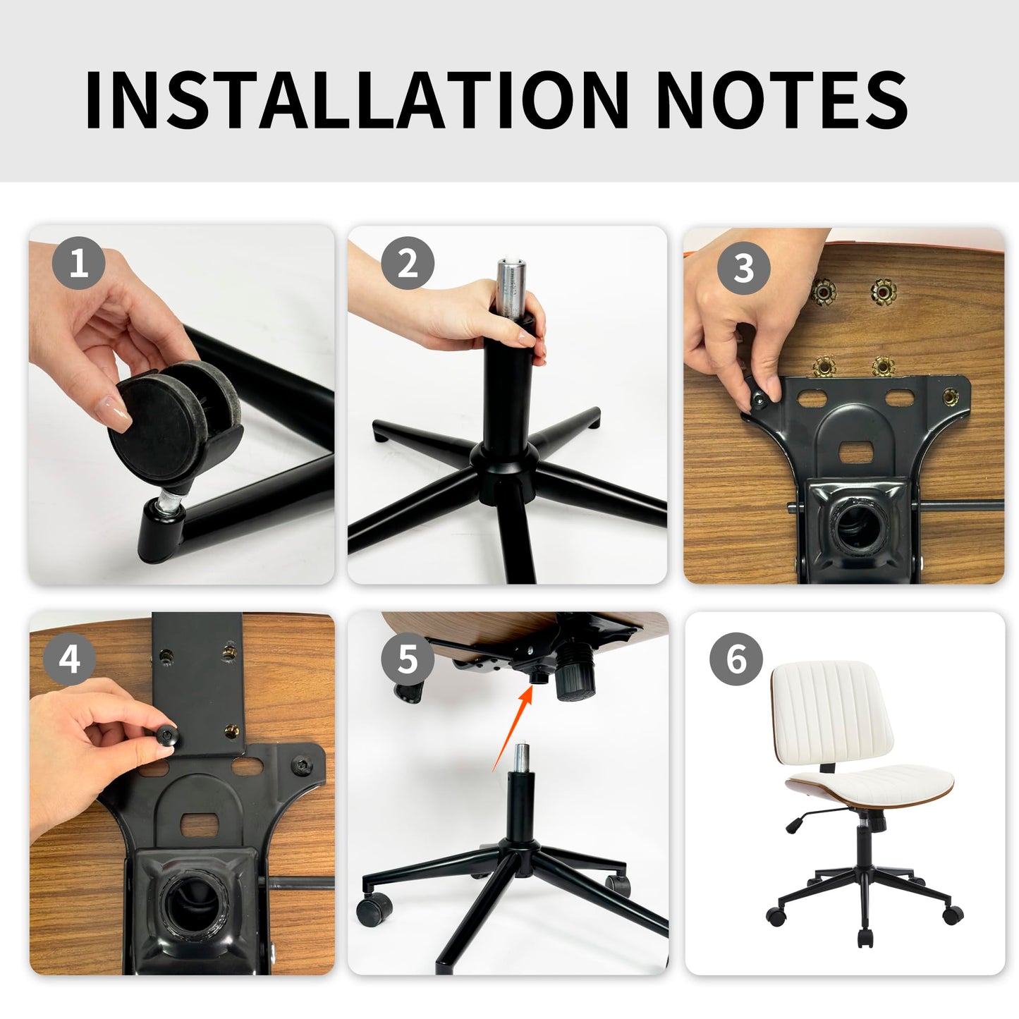 VipDesk Small Home Office Chair - Armless Mid Back Desk Chair with 360° Swivel and Wheels, PU Upholstered Height Adjustable Modern Walnut Computer Chair for Home, Office Meeting Room - Black