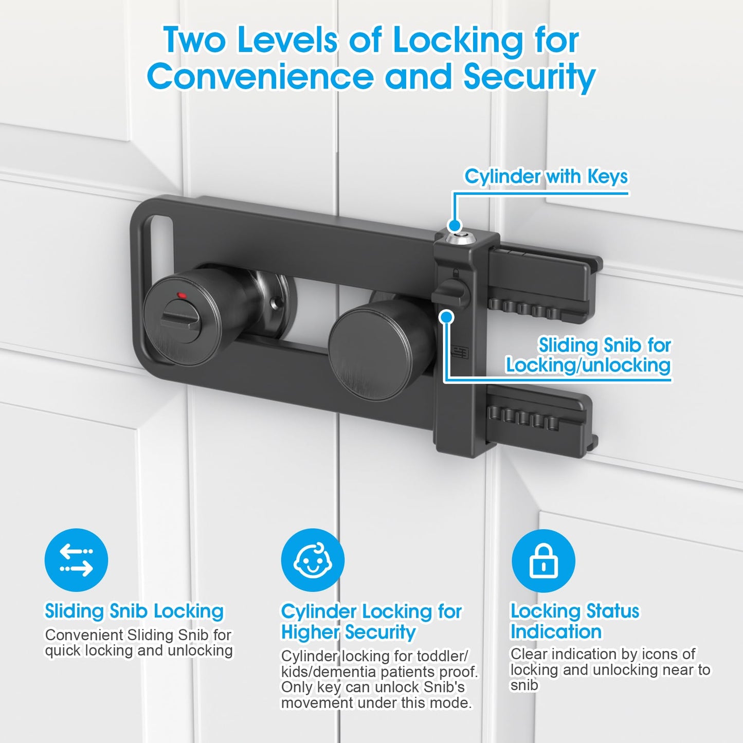 AST Double Door Security Lock, Keyed French Door Lockout Device, Reinforcement Lock for Knobs and Handle, Prevent Kick Ins, Childproof, Kids Proof Barricade (Matte Black with Snib and Cylinder)