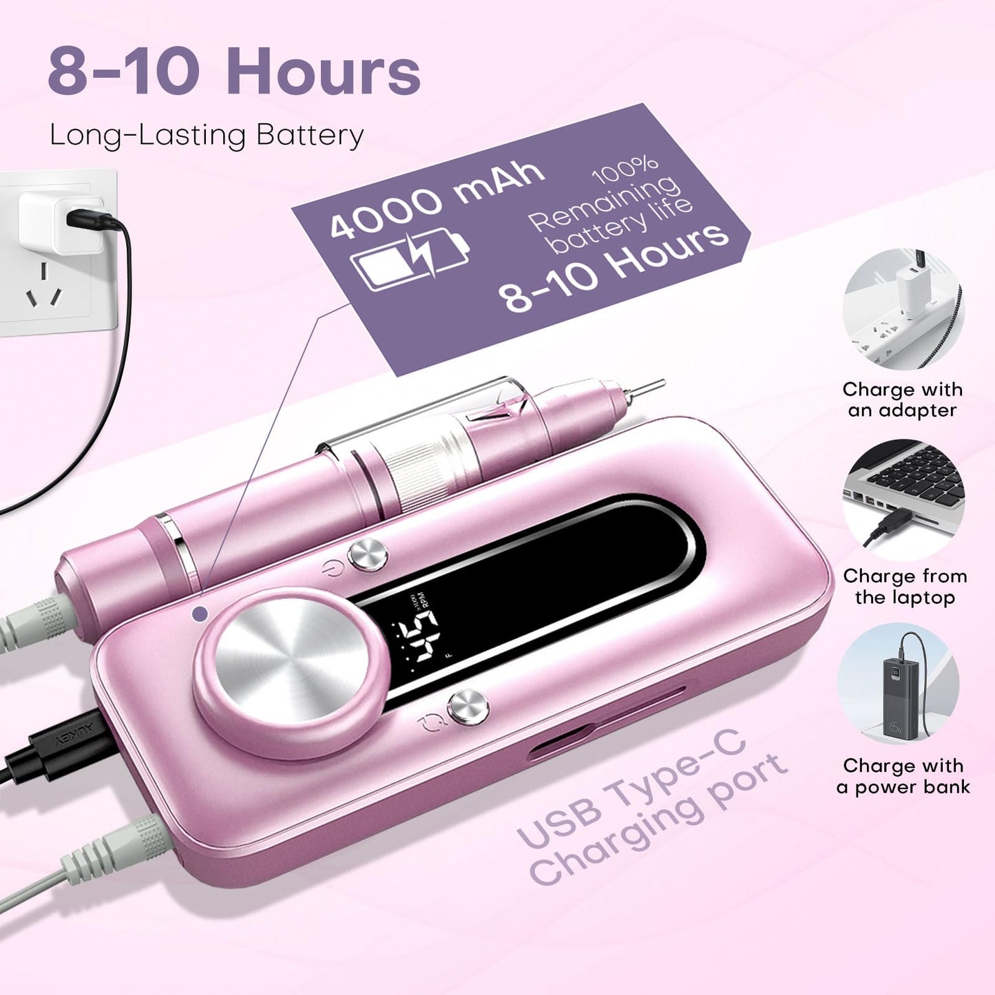 TUOBEO Nail Drill Electric Nail File Kit 45000 RPM Professional Efile Nail Set,Cordless Portable Rechargeable Acrylic Gel Nail Polish Remover Machine Pedicure Manicure Tool with 11 Bits for Salon Home