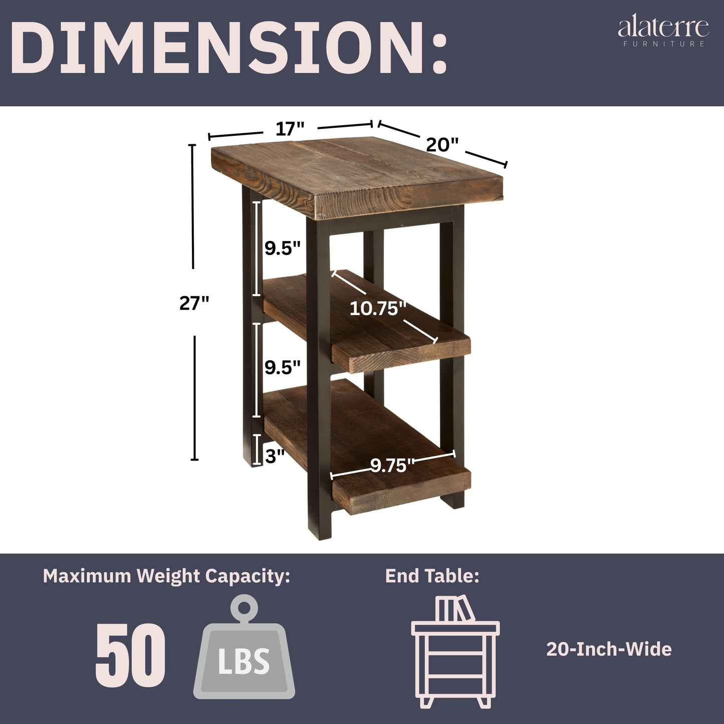 Alaterre Furniture Pomona Living Room 3-Tier Solid Wood End Table with Metal Legs & Storage Shelves – Modern Rustic Industrial Space-Saving Side Table or Nightstand (Rustic Brown)