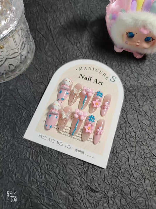 11Pcs(1Pack) Handmade Press On Nails 30mm Floral Teddy Dream Nails with Ring Nude Pink Nails 3D Flower Bow Cute Blue Accent Nail Art for Women Daily Party Wear Size L