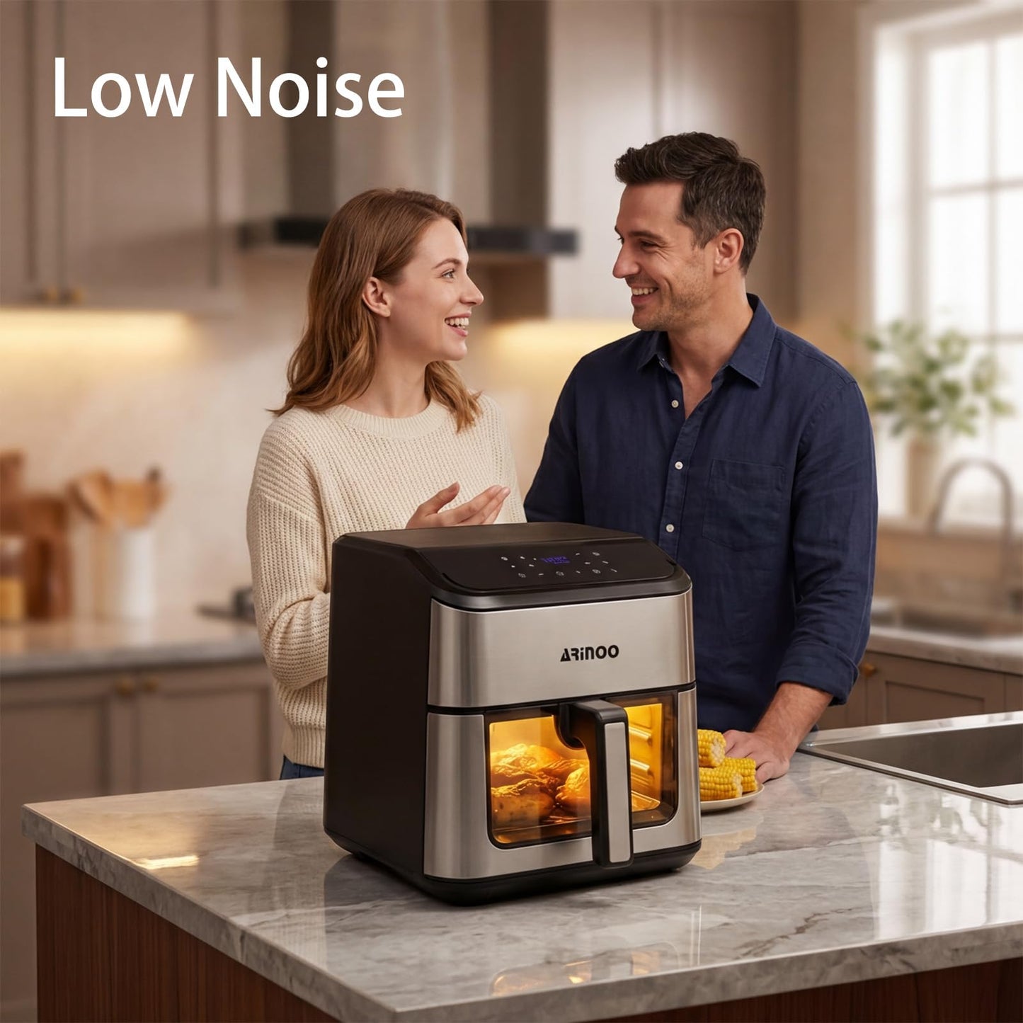 ARINOO Air Fryer Pro with Viewing Window, XL 8 Qt Family Size, 8 Presets French Fries, Chicken, Meat, Pizza, 360° Even Cooking, Recipe Book, 1500W, Nonstick Dishwasher-Safe Basket, 400°F, Black