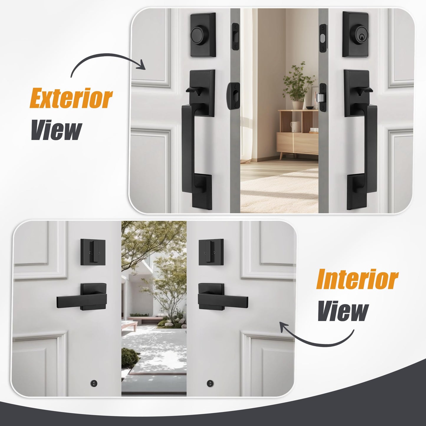 Gaurqiah Double Front Door Lock Set, Square Heavy Duty Double Door Handle with Dummy, Entry Handleset with Deadbolt Combo, Double Door Lock Set for Front or Office Doors, Matte Black