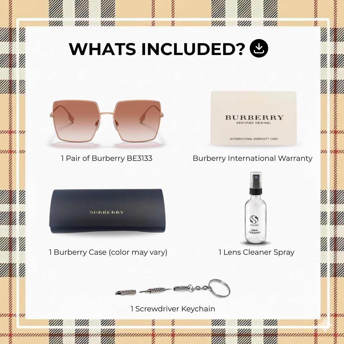BURBERRY DAPHNE BE3133 Square Shape Metal Sunglasses with Luxury Eyewear Kit