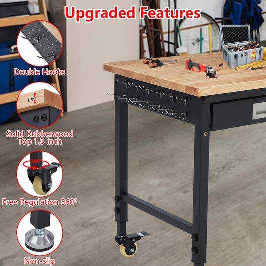 60''x22'' Adjustable Rolling Workbench, Heavy Duty Work Bench with Power Outlets, Lights, Storage Drawer, Pedboard, 30 Hooks, Wooden Tool Bench for Garage, Workshop