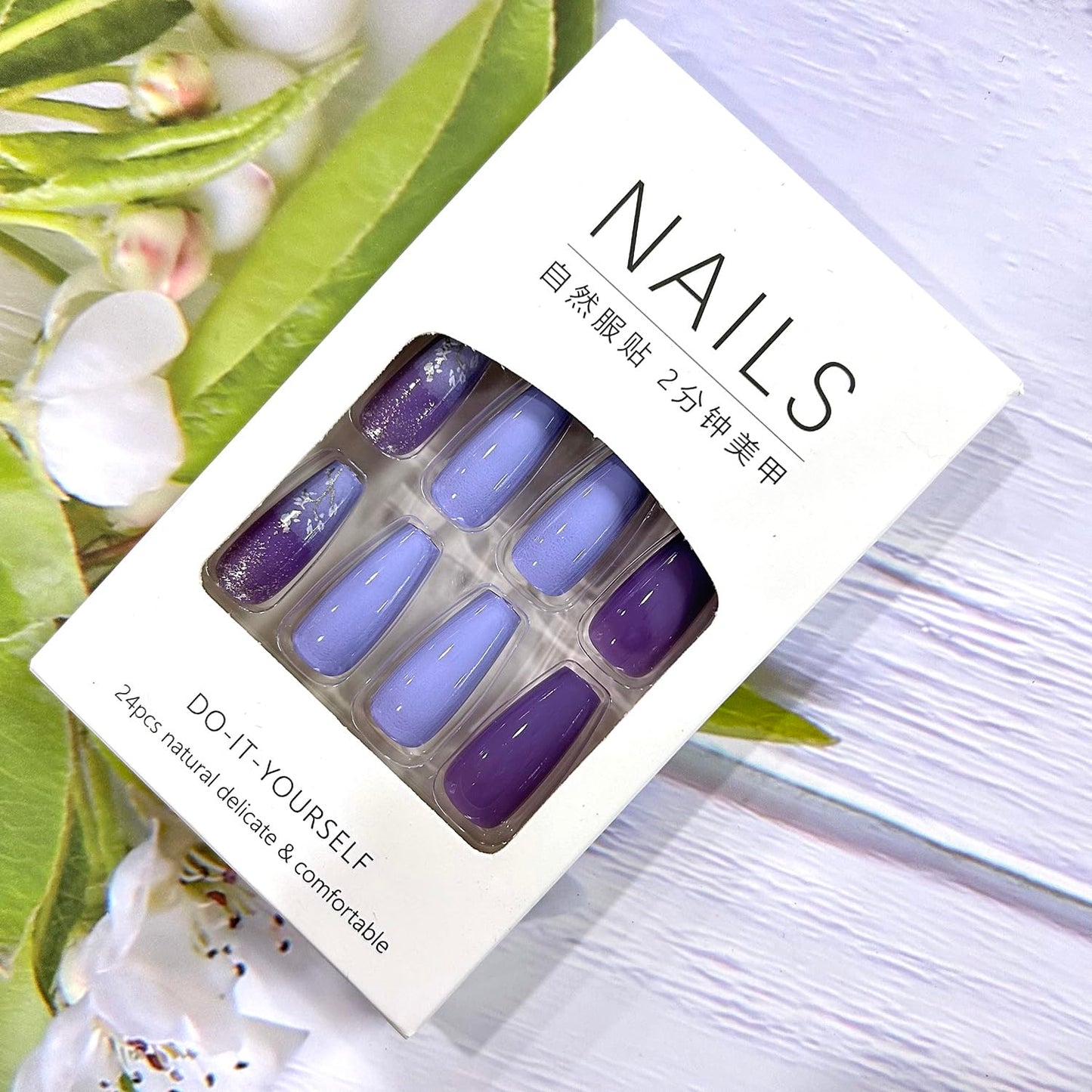 Purple Gradient Press on Nails Medium Length Flower False Nails Purple Glitter Powder Design Glossy Acrylic Nails Ballet Shaped Stick on Nails Full Cover Glue on Nails Artificial Nails for Women 24Pcs