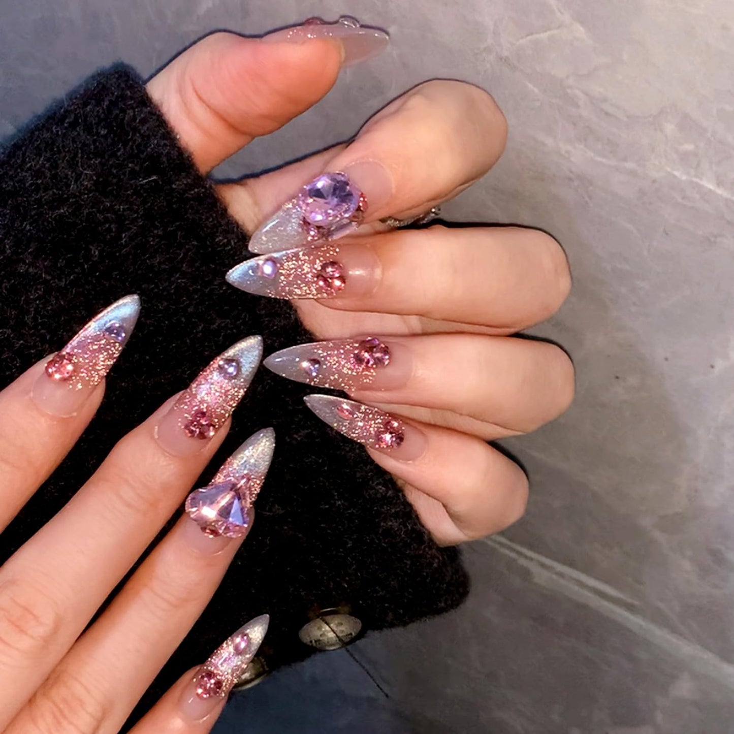 WOMHOPE Press on Nails Handmade Full Cover False Nails with Rhinestone Vintage Flower Aurora Acrylic Nails for Women and Girls 10pcs/Box Long Almond,Coffin (Pink cat's eye, Medium)