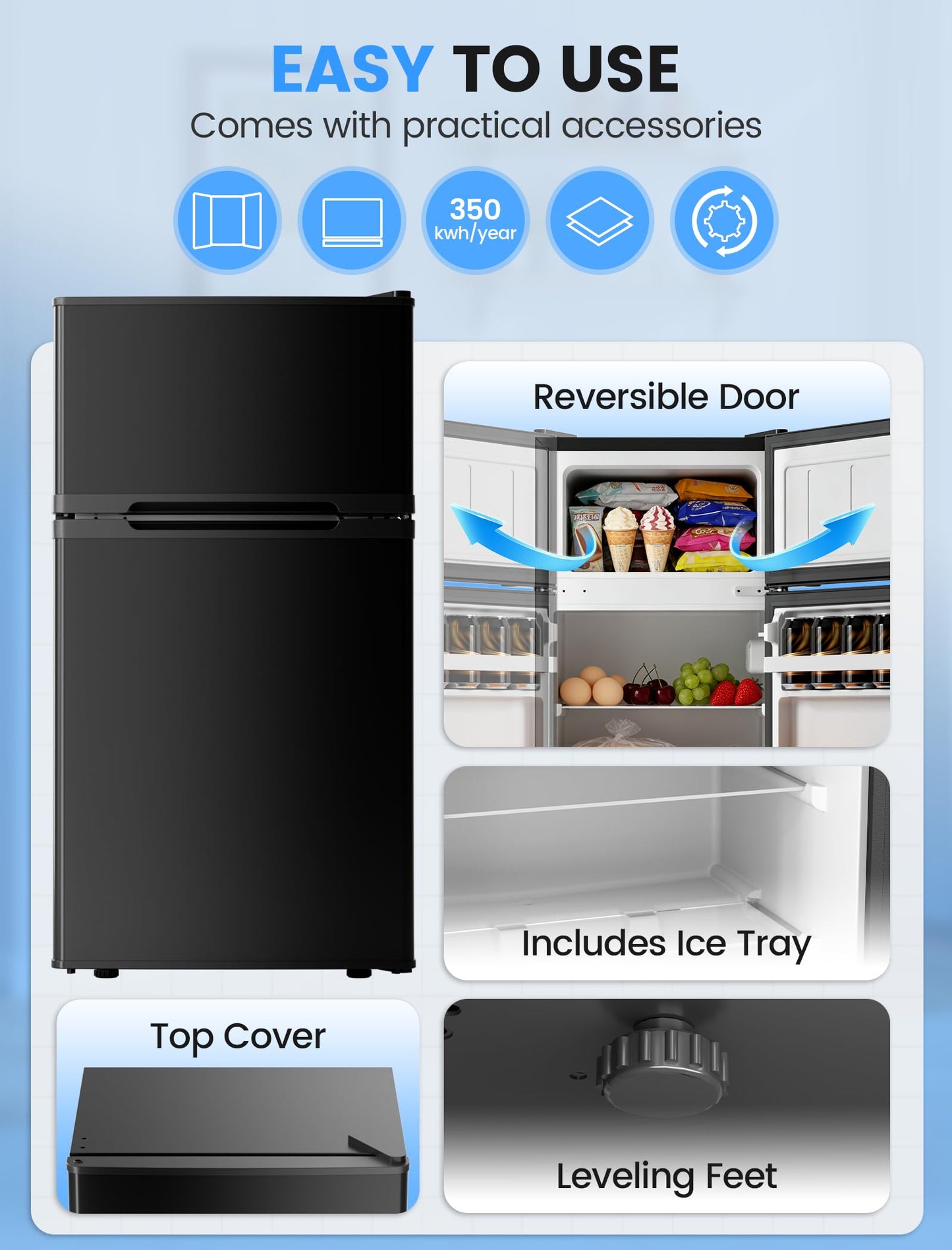 COWSAR 2.5 Cu.Ft Dorm Fridge with Freezer, Double Reversible Door Compact Refrigerator with 2 Removable Shelves, Commercial Drink Fridge for Bedroom, Office, Kitchen, Dorm, Black
