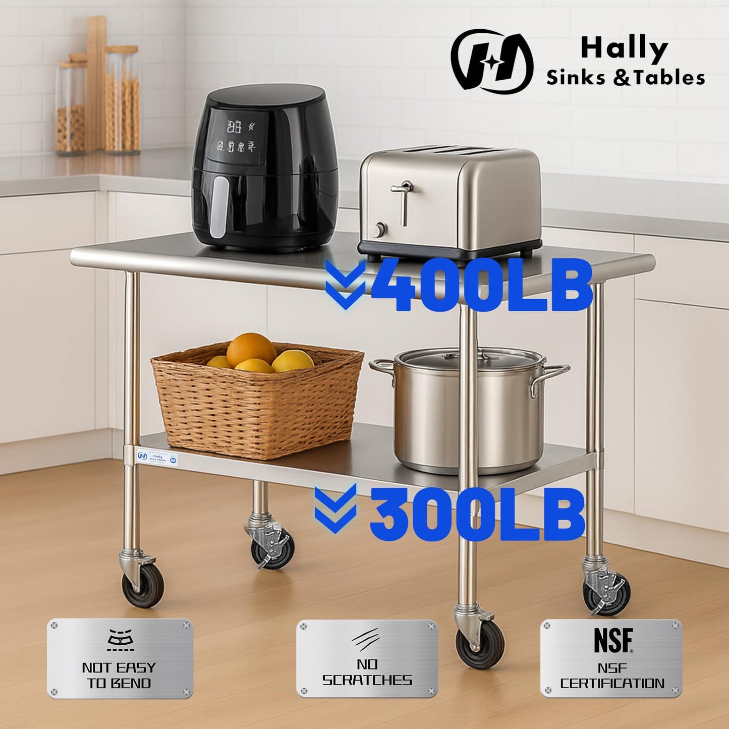 Hally Stainless Steel Table for Prep & Work 24 x 30 Inches with Caster Wheels, NSF Commercial Heavy Duty Table with Undershelf and Galvanized Legs for Restaurant, Home and Hotel