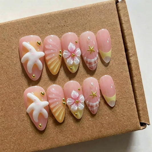 Luxury Press on Nails Medium Almond Handmade 3D Unique Reusable ABS Material Fake Nails French Tip False Nails with Designs Flower Starfish Summer Yellow Glossy Glue on Nail Thick Acrylic Nail(M)