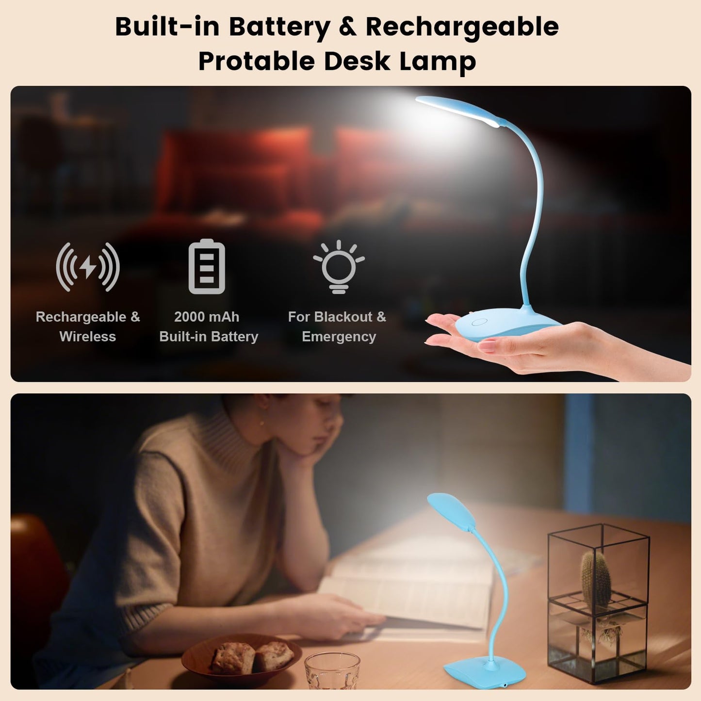 Battery Powered Desk Lamp, Portable Lamps Rechargeable 3 Color Modes Touch Control Stepless Dimming, Wireless Desk Lamp with 4000mAh, Small LED Table Light for Dorm Study Office Bedroom,2-Pack,Blue