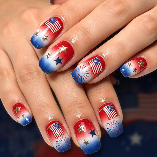 Independence Day Press on Nails Medium Square Fake Nails Gradient US Flag Color Stars Glitter with Fireworks False Nail 4th of July Stick on Glue on Artificial Fingernails for Women Holiday Manicure