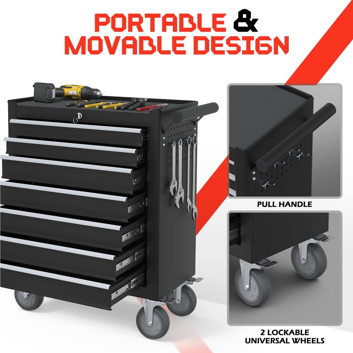 7-Drawer Rolling Tool Chest,Metal Rolling Tool Chest with Wheels and Locking Tool Box,Portable Metal Tool Box for Warehouse,Garage, Repair Shop, Workshop (Black, 7-Drawer)