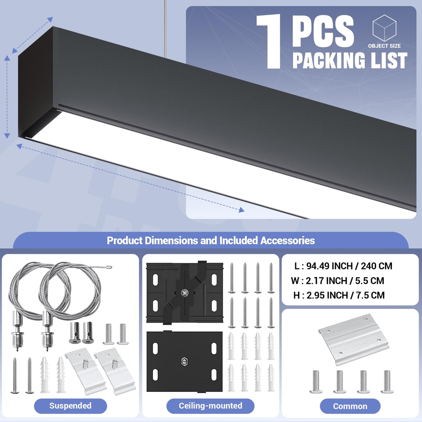 8FT LED Linear Lights 100/90/80/70/60W Up and Down Light, 3000K/4000K/5000K 8 Feet Commercial Linkable Shop Lighting for Office Garage Shop Dining Room bar, 0-10V Dimmable 8’ Architectural Fixture,ETL