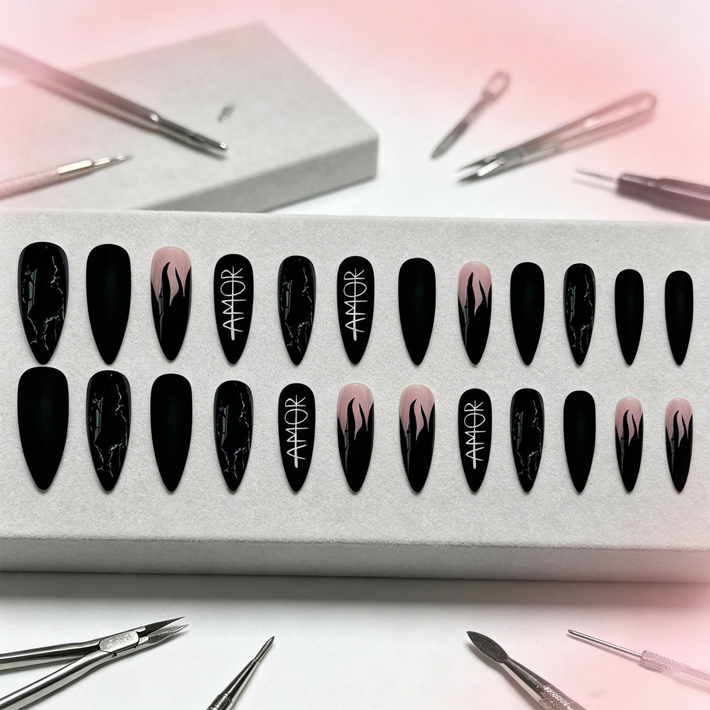Press on Nails With Gothic Design, Matte Blue Fire Fake Nail, Long Stiletto False Nails White Fog Glue on Nail, Letter Stick on Reusable Acrylic Fingernails for Women Summer Vacation