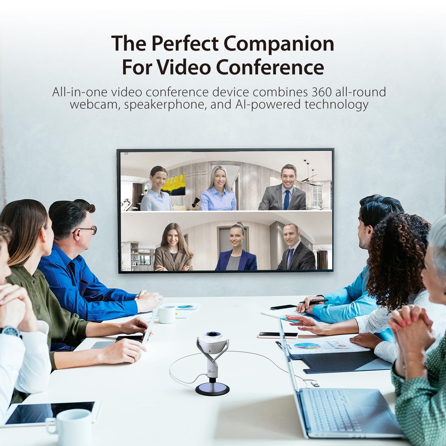 j5create 360 All Around AI-Powered Conference Room Camera with Speakerphone, Smart-Tracking, Auto-Framing, Include a Remote Control (JVU368)