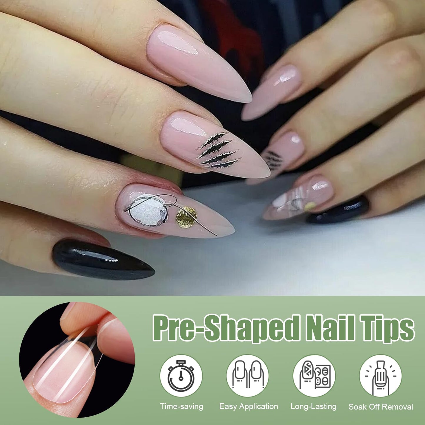 Cycullinyt 480pcs Sculpted Long Almond Soft Gel Nail Tips, Professional False Nail Tips with Box - 16 Sizes Full Cover Clear Acrylic Press On Fake Nails for Extension Manicure Salon DIY at Home