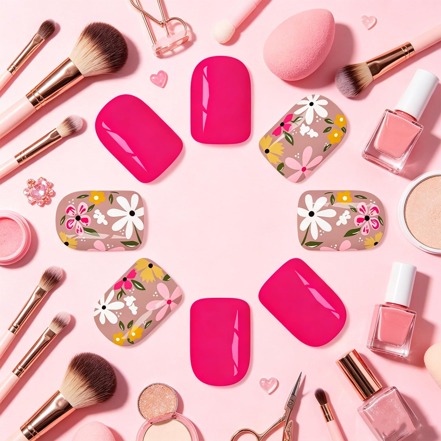 Flower Press on Nails with Summer Design Short Square False Nails Glossy Hot Pink Fake Nail Floral Full Cover Stick on Nail for Women Daily Party Wear Green Leaf Glue on Artificial Fingernails
