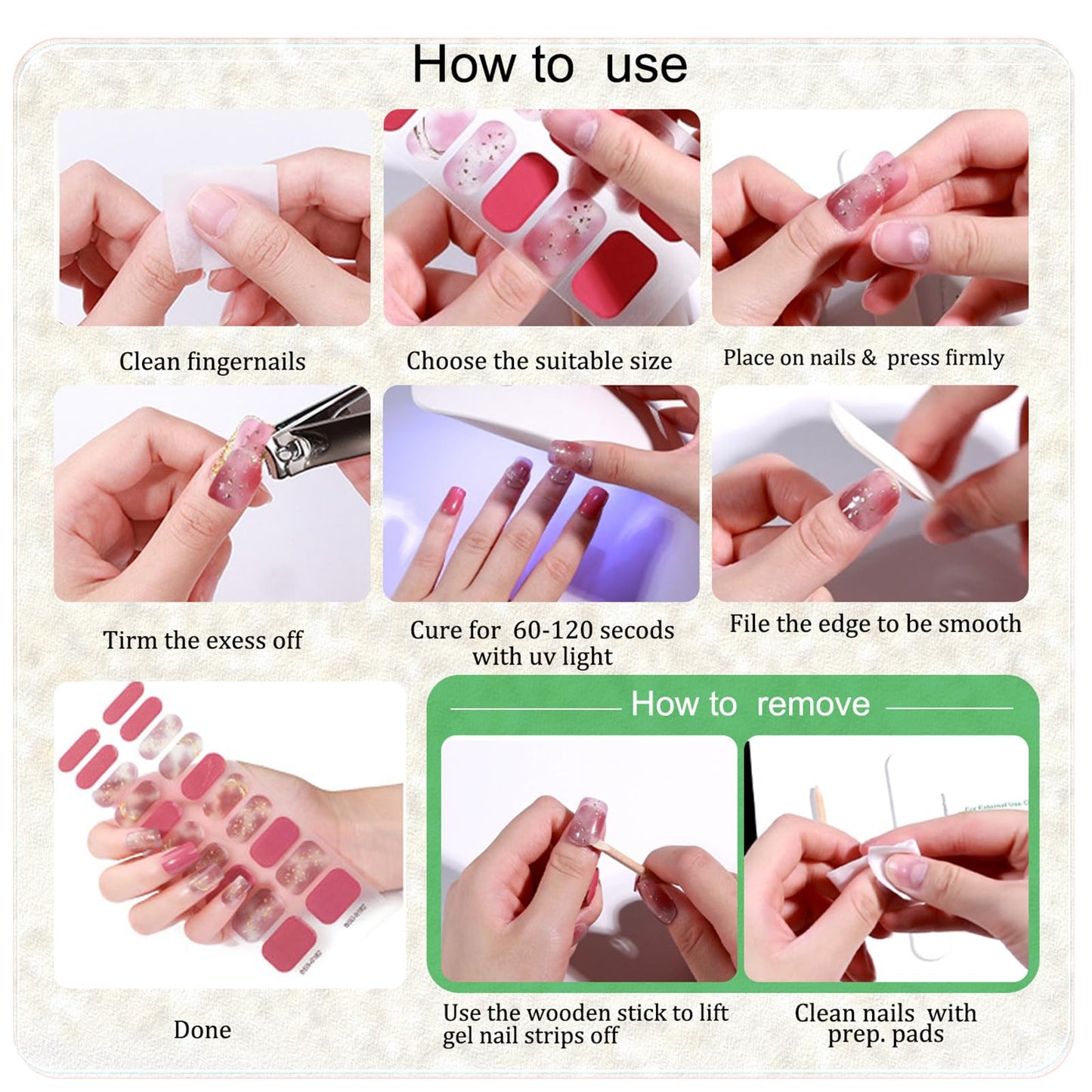 WOKOTO 2 Pack Semi Cured Gel Nail Strips, Galaxy Nebula & Chrome Burgundy 40 Pcs (10 Size) Full Nail Wraps With Nail File & Wooden Stick, UV Gel Nail Polish Stickers For Women Girls, Salon Quality
