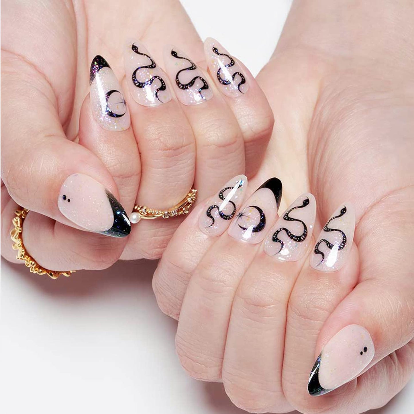 GLAMERMAID White Press on Nail Medium Almond, Natural White Crush Nail, Stiletto Fake Nail with Glitter Snake Design, Short Oval Stick Glue on Nail Tips for Women, Reusable Acrylic False Nail Kit