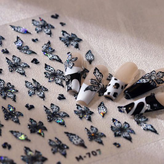 Black Flower Nail Sticker 5D Embossed Laser Flower Nails Art Sticker Self Adhesive Nails Decals Holographic Floral Nail Art for Women Manicure Supplies Nails Art Decorations