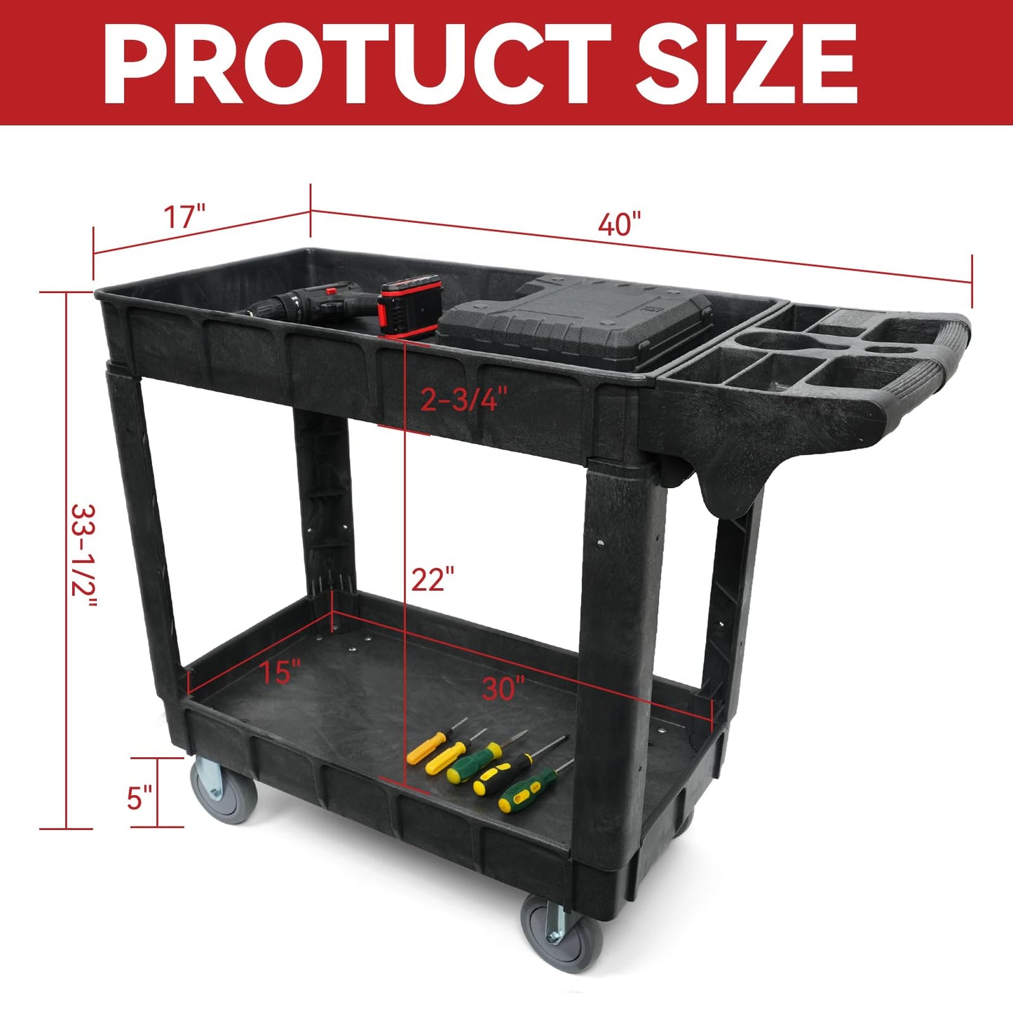 2-Shelf Rolling Utility Cart, Heavy-Duty Service and Tool Cart on Wheels, 40 x 17 Inch, 500 lb Load Capacity, Ideal for Garages, Warehouses, Church and Commercial Use