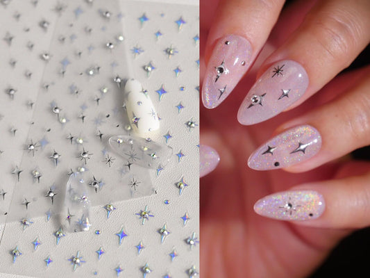 Gilding Silver Halo Crystals Stars Nail Stickers/Twinkle, Winkle, Little Star Peel Off Sticker/Rhinestone Decals 4-Pointed Star Nails (2 Sheets)