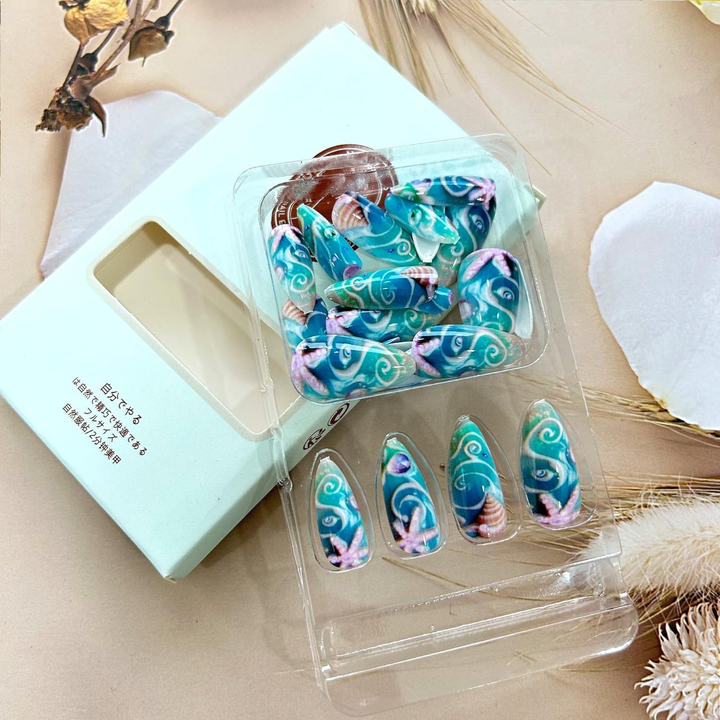 Starfish Shells Press on Nails Medium Length Light Blue Almond Tip False Nail Rhinestones Marine Life Pattern Design Full Cover Press Ons Stick on Nails Artificial Acrylic Glue on Nail for Women