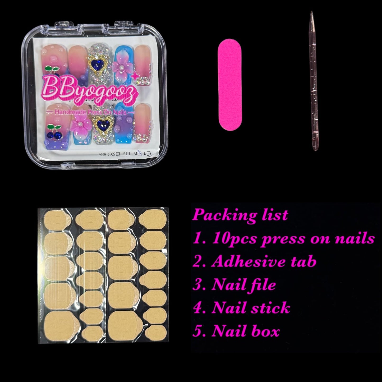 Handmade Press On Nails, Medium Short Square, Pink Blue Ombre with 3D Flowers, Bling Rhinestone Cherry Design, Reusable Acrylic False Nails (Sapphire, M)