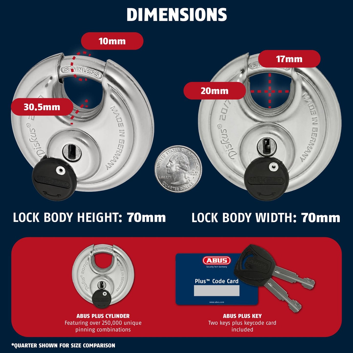 ABUS - Diskus 20/70 Padlock with Key (2.75") 70mm - Heavy Duty Stainless Steel - Cut, Rust & Drill Resistant - Storage & Outdoor - Pad Lock with 2 Keys (Keyed Different) - Commercial & Home Security
