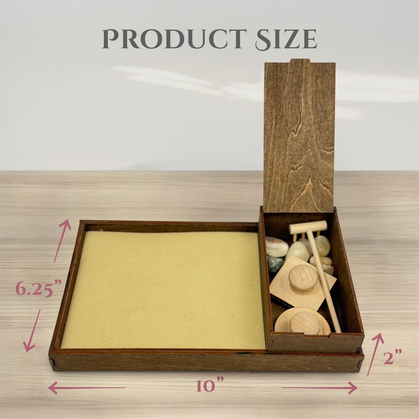 Wooden Zen Garden with Storage Box | Desert Luxe Sand with Rake & Accessories | Minimalist Decor Gift for Relaxation
