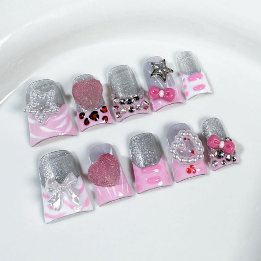 Medium Duck Press on Nails Handmade Fake Nails Bow Charms Luxury Gems Design Thick False Nails with Glue,Muti-Layer Gel Glitter Silvery Press ons Nail Reusable Nails for Women(Size S)