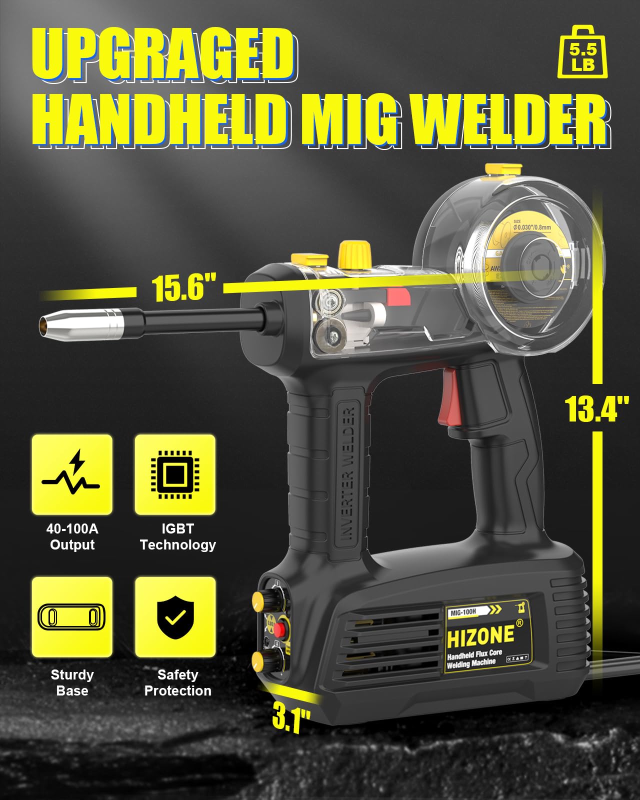 Hand Held MIG Welder Machine 110V, HIZONE 100A Flux Core Portable Welding Machine, Handheld Gasless Inverter Wire Feed Welding Equipment