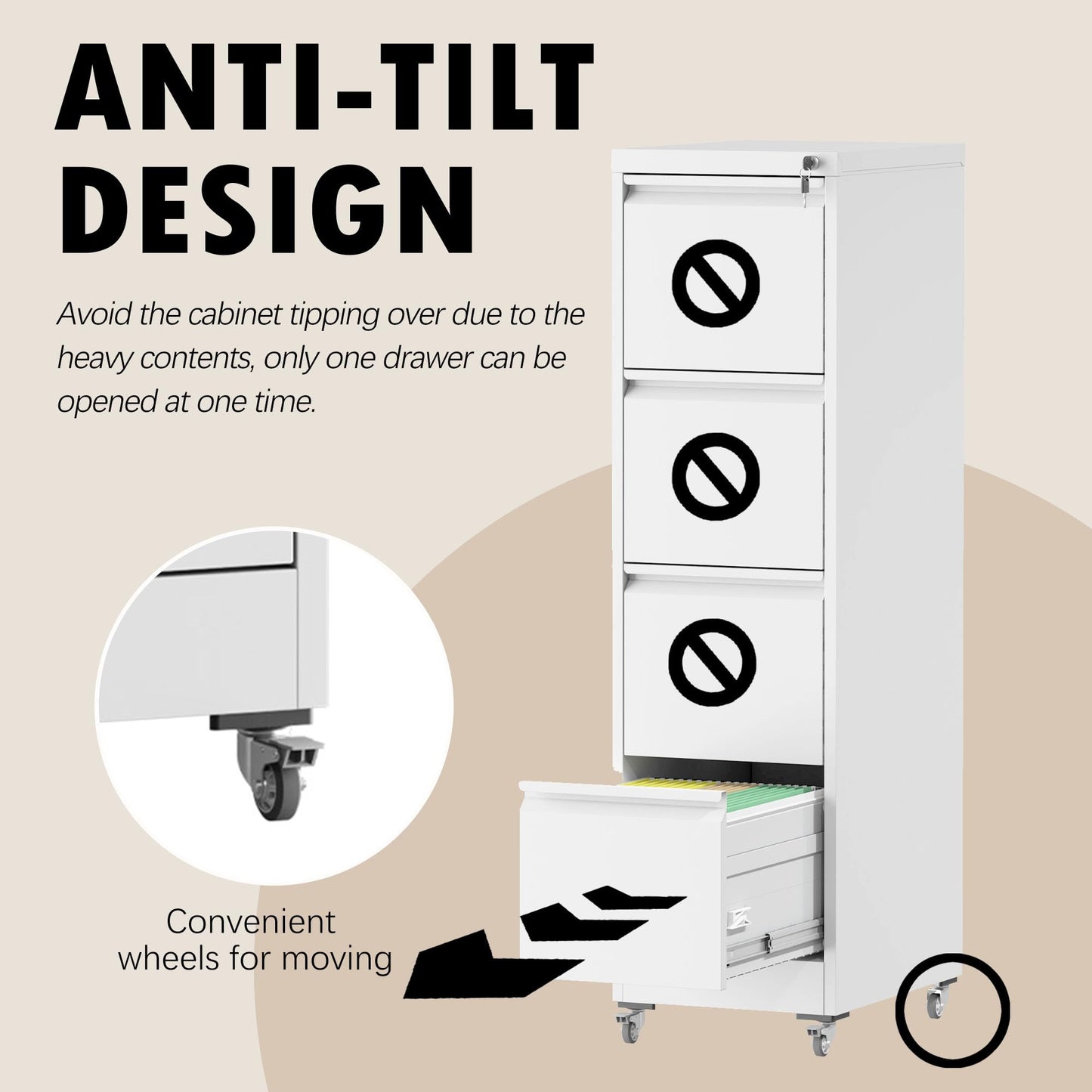 FOSTOKO File Cabinet with Lock, 4 Drawers Filing Cabient with Wheel, Steel Vertical Filing Storage Cabinet for Home Office, Heavy-Duty File Cabinets for Letters/Legal/A4 (Require Assembly, White)