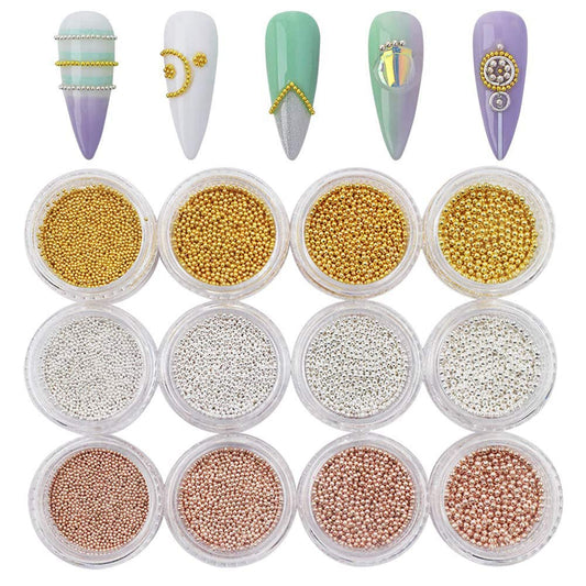 YBW Mesiyun Nail Art Gold Micro Beads Silver Steel Ball Rose Gold Mini Metal Caviar 3D DIY Craft Manicure Decorative Accessories Kit 12 Pots