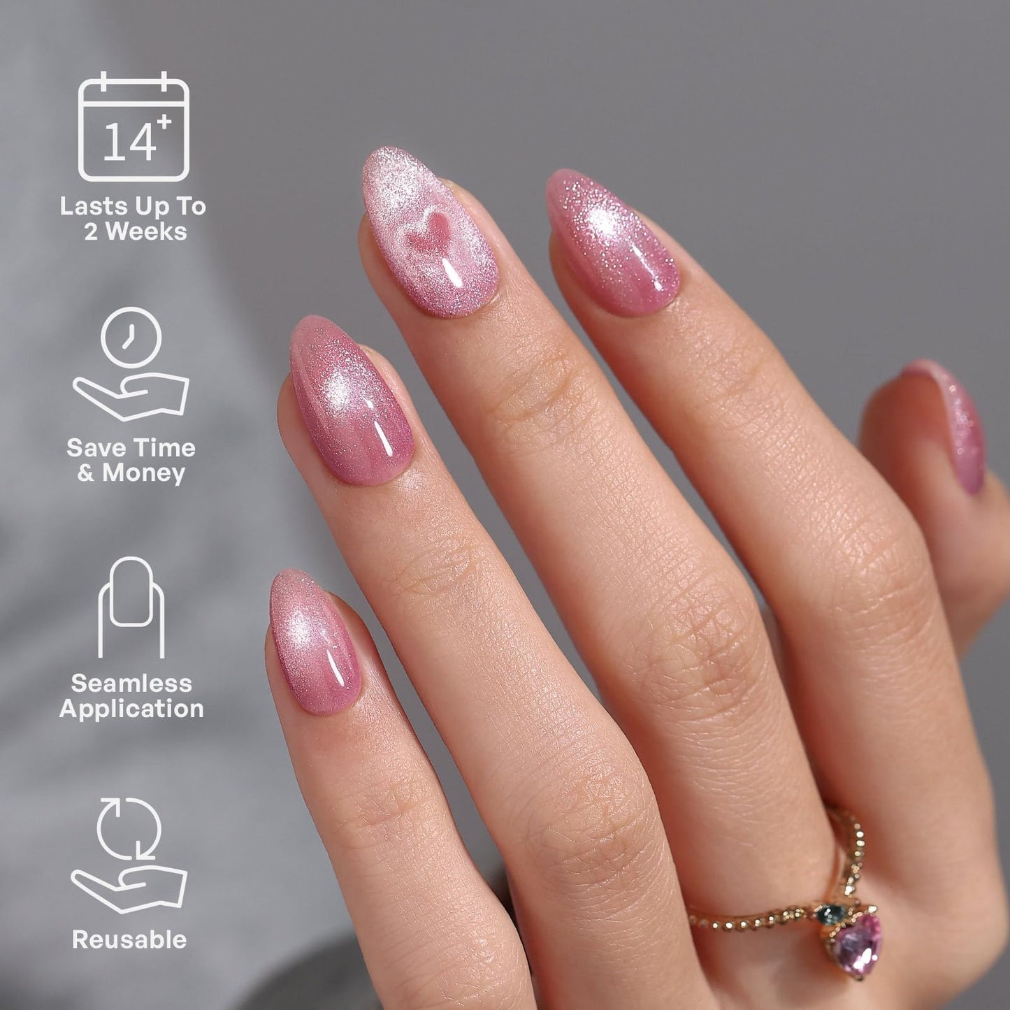 Short Almond Press on Nails Pink - GJZEZ Soft Gel Cute Cateye Nails Press ons with Magnetic Heart Designs in a Velvet Finish, Reusable Fake Faux Nail Gifts for Women in 16 Sizes 32 PCS, Romance