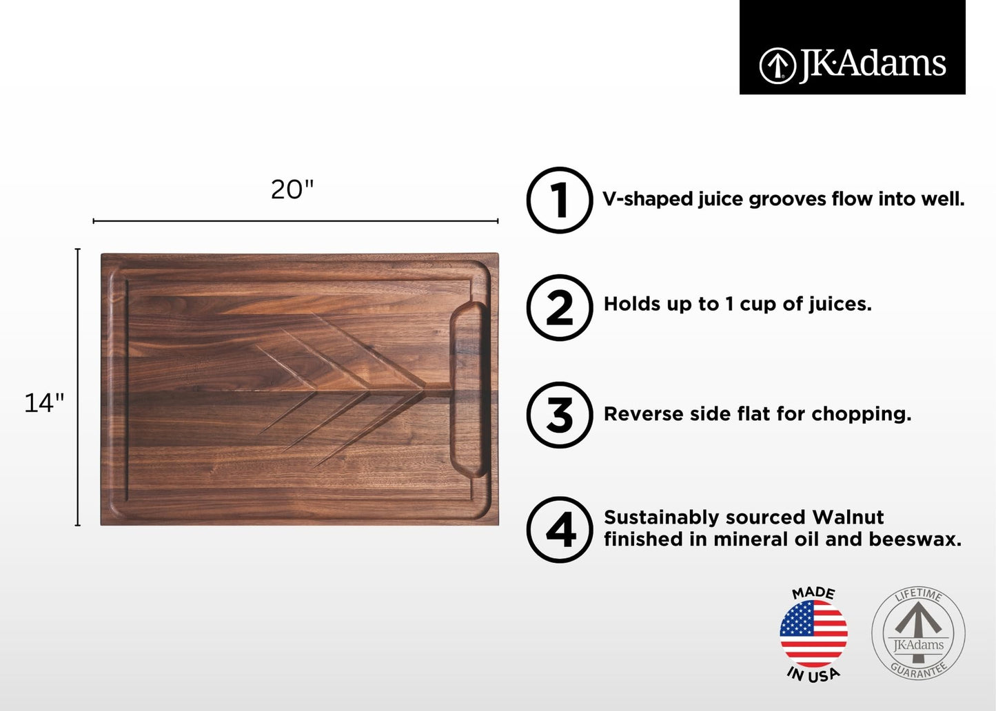 JK Adams Walnut Carving Board with Juice Grooves - 20x14 - Butcher Block Cutting Board - Great for Holiday Dinners, Brown