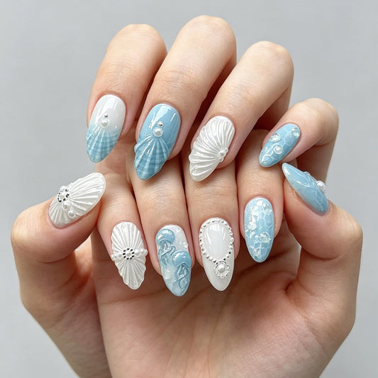 3D Jellyfish Press on Nails with Ocean Design Beach False Nails Glossy Blue Ombre French Tips Medium Almond Fake Nail Seashell Stick on Nail Pearl Glue on Artificial Fingernails for Women Summer Wear