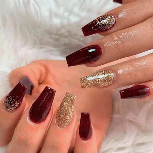 MISUD Press on Nails - Long Coffin Glue on Nails with Wine Red Burgundy, Acrylic Bling Gold Glitter Design 24 pcs