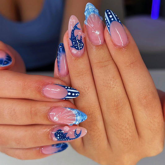 Ocean Press on Nails with Blue Whale Design French Tips False Nails Glossy Blue Beach Medium Almond Fake Nail Summer Stick on Nail Seashell Glue on Artificial Fingernails for Women Daily Wear