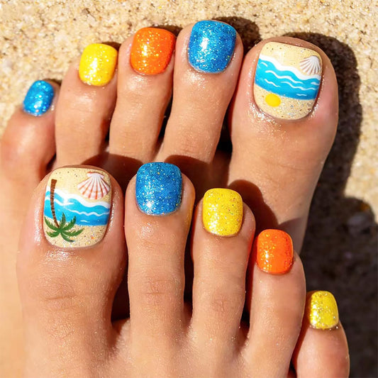 Summer Beach Press on Toenails,Short Square Fake Toenails with Coconut Trees Shells Designs Colorful Glitter Toe Nail Press Ons Full Cover Acrylic Glossy Stick on Toe Nails for Women 24Pcs
