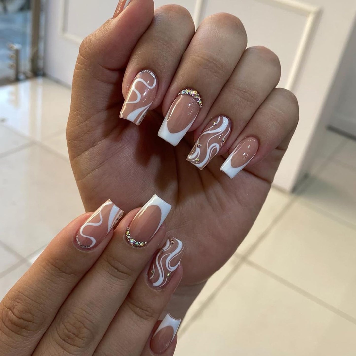 Medium Long Press on Nails White French Tip Fake Nails Square Medium Length Rhinestone Pink Designs Glitter V-shaped French False Nail Tips Artificial Nails Finger Manicure for Women and Girls-24pcs
