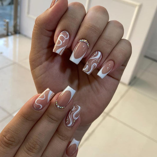Medium Long Press on Nails White French Tip Fake Nails Square Medium Length Rhinestone Pink Designs Glitter V-shaped French False Nail Tips Artificial Nails Finger Manicure for Women and Girls-24pcs