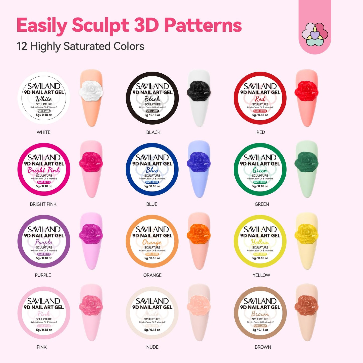SAVILAND 3D Nail Gel Set: 12 Colors Non-Sticky Soak Off 3D Sculpting Gel for Nail Art Painting Drawing Hand Carving Molding with Sculpture Pen for 3D Nail Art Design Home Salon Manicure DIY