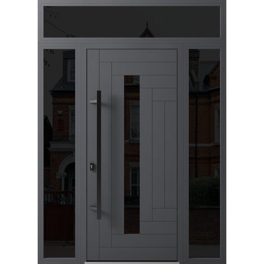 VDOMDOORS Front Exterior Prehung Steel Door/Ronex 0130 Grey / 2 Side and Top Exterior Window Sidelite/Entry Metal Modern Painted W16+36+16" x H80+16" Right Hand Inswing