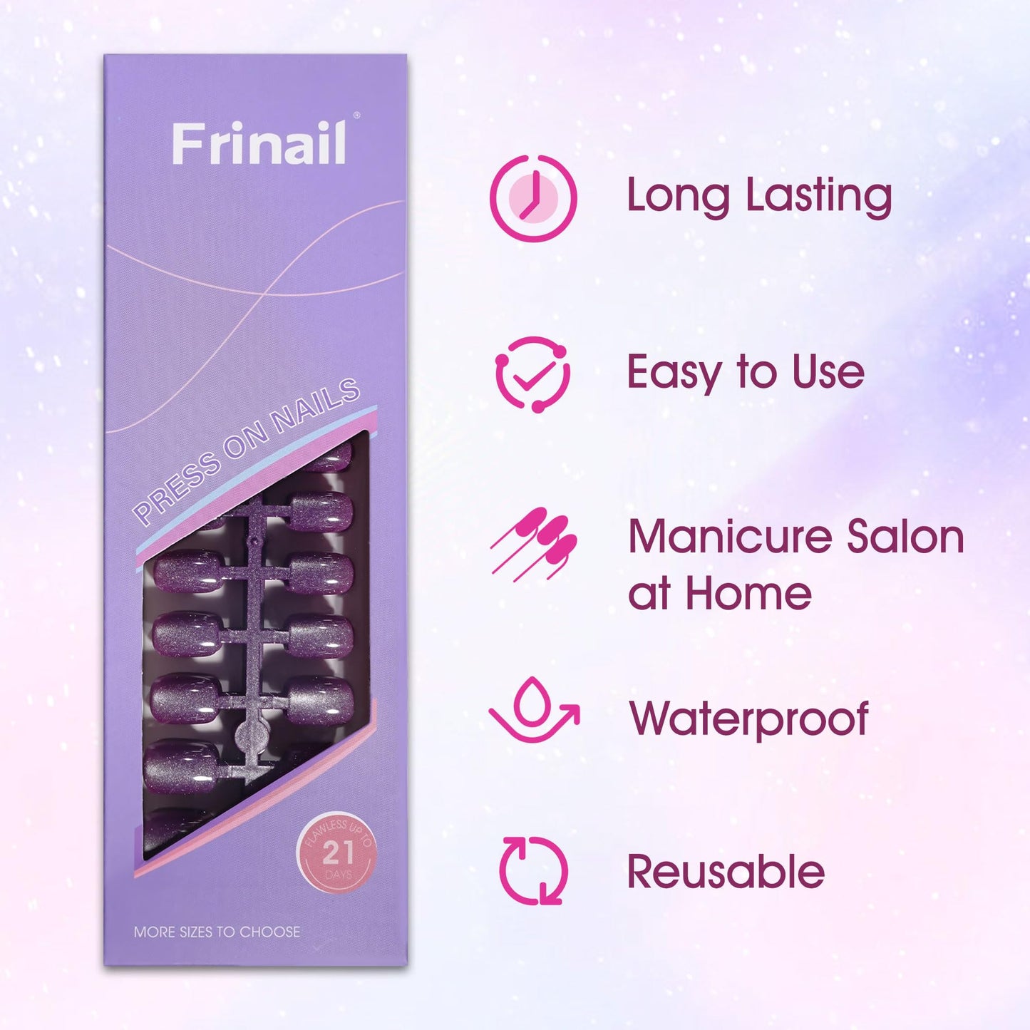 Frinail 150Pcs Cat Eye Press on Nails Short Square, Soft Gel Fake Nails, Purple Glossy Glitter Cat Eye Nail Tips for Women and Girls Stick On Nails in 15 Sizes