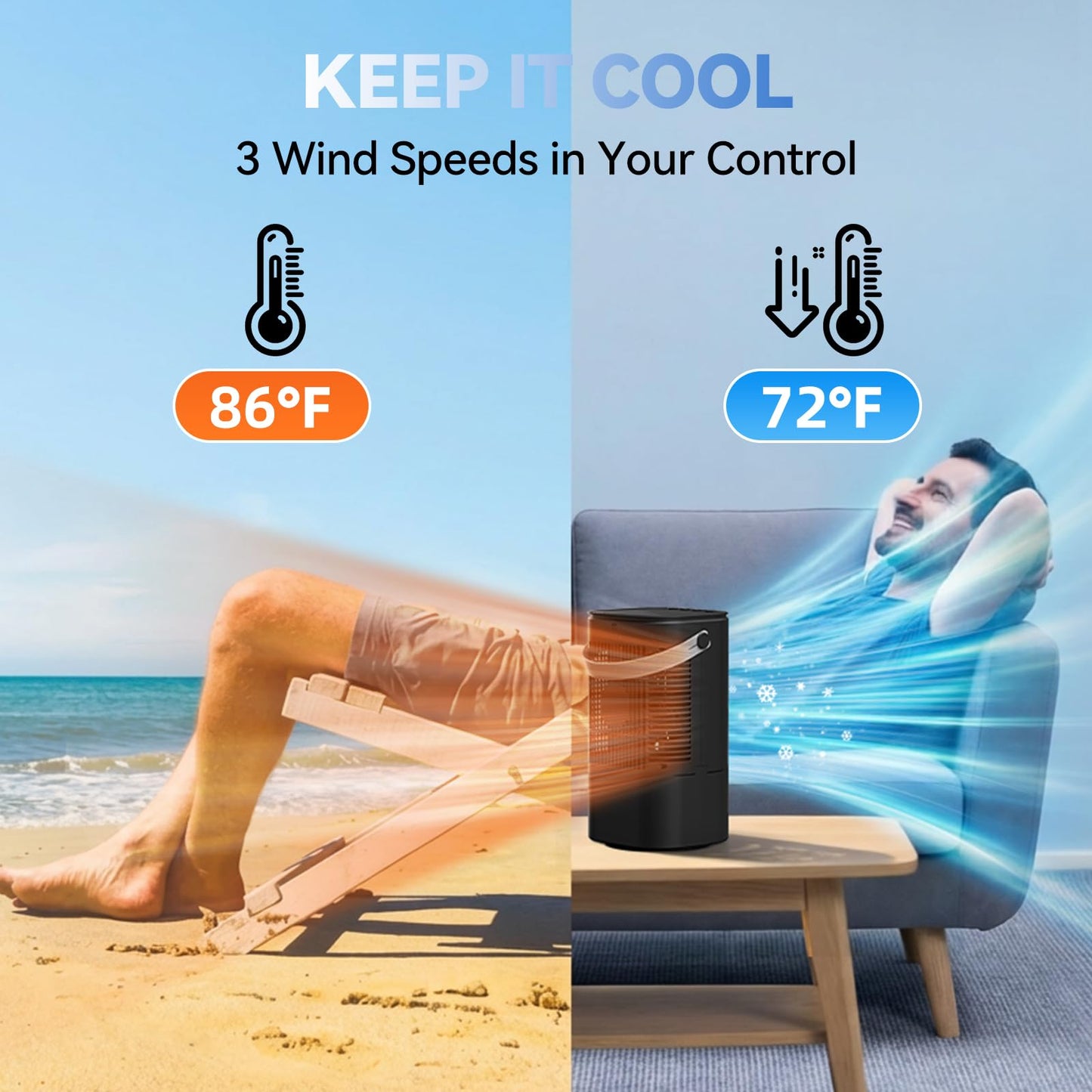 Portable Air Conditioners, 4-in-1 Mini Small Air Conditioner Evaporative Air Cooler Fan with 1000ml Water Tank, 3 Speeds & 7 LED Lights, Personal Mini AC with Timer for Bedroom, Desktop, Home, Office
