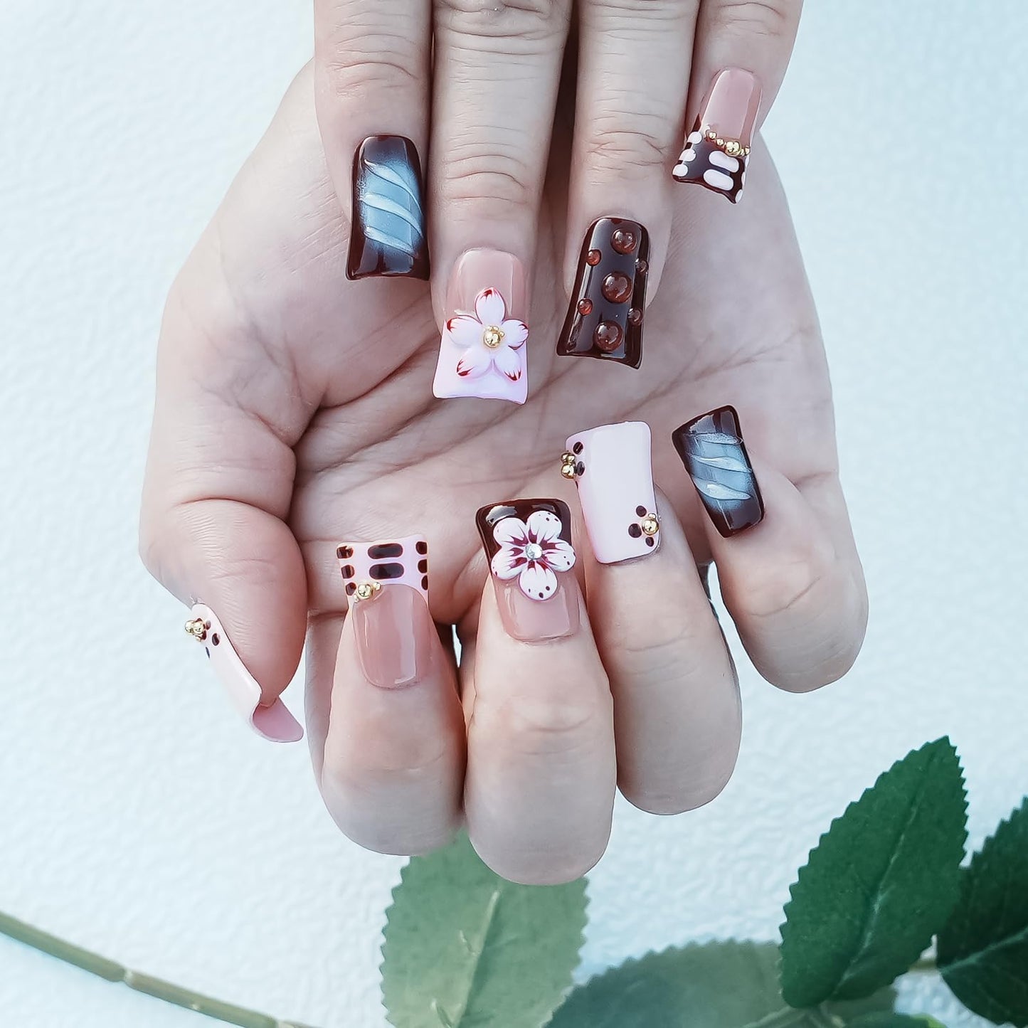 Tesytto Handmade Press on Nails Short Duck - Burgundy Nude Pink Ombre French Tip with 3D Cherry Flower & Y2K Gold Beads, Summer Reusable Acrylic Full Cover (Blush Mauve Flower Waltz, S)